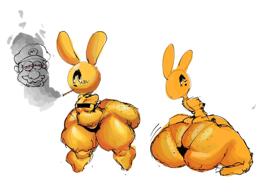 anthro ass ass_focus big_ass big_butt bloodshot_eyes bottom_heavy fat_ass fat_butt flat_chest freckles freckles_on_ass fur fur_ghost genitals ghostfluff0 half-closed_eyes lagomorph leporid looking_back male male_only mammal mario mario_(series) mips narrowed_eyes presenting presenting_hindquarters rabbit scut_tail short_tail simple_background smoking smoking_cigarette solo star super_mario_64 tagme tail teeth yellow_body yellow_fur