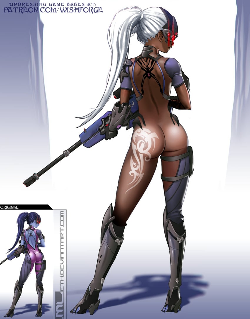 cute ebony edited female naked nude overwatch photoshop white_hair widowmaker