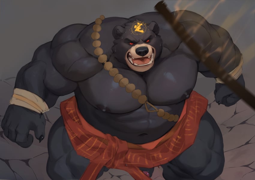 abs absurd_res anthro battle bear biceps black_bear_guai black_body black_myth:_wukong black_sclera bodily_fluids bottomwear clothed clothing erection foreskin front_view genitals hi_res high-angle_view humanoid_genitalia humanoid_penis loincloth male male_focus male_only mammal muscular muscular_male navel open_mouth partially_retracted_foreskin pecs penis qigiu quads red_eyes solo standing sweat topless