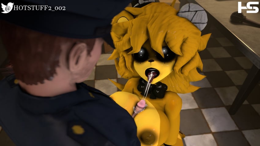 3d_(artwork) anthro areola bear big_breasts big_penis bodily_fluids bow_tie breast_play breasts checkered checkered_floor clothed clothing cum cum_in_mouth cum_inside digital_media_(artwork) duo erection female five_nights_at_freddy's genital_fluids genitals ghost golden_freddy_(fnaf) golden_fredina_(cally3d) hat headgear headwear hi_res high-angle_view hotstuff human male male/female mammal nipples penis scottgames sex spirit titjob top_hat