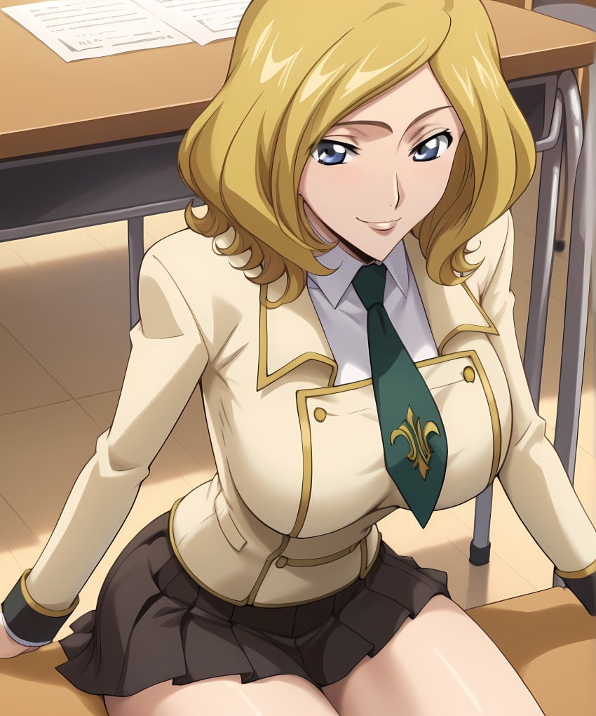 ai_generated big_ass big_breasts big_butt blonde_hair blue_eyes code_geass curvy curvy_body curvy_female curvy_figure female female_focus female_only large_breasts long_legs milly_ashford necktie retair18 school school_desk school_girl school_uniform schoolgirl short_skirt skirt smile thick_ass thick_legs thick_thighs tie wide_hips