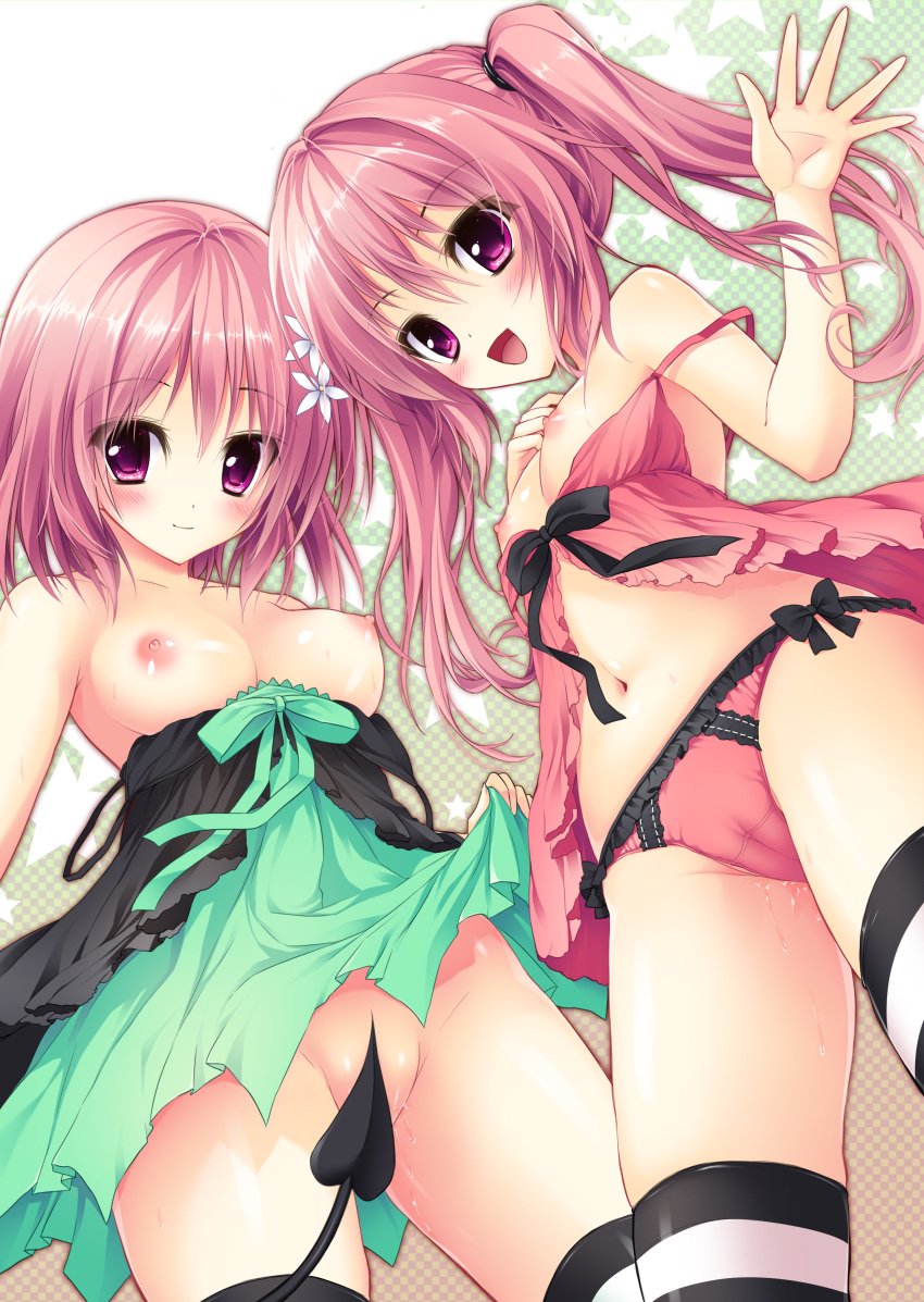 breasts cameltoe lingerie momo_velia_deviluke nana_asta_deviluke nipples nopan panties pussy_juice tail thighhighs to_love-ru yuse