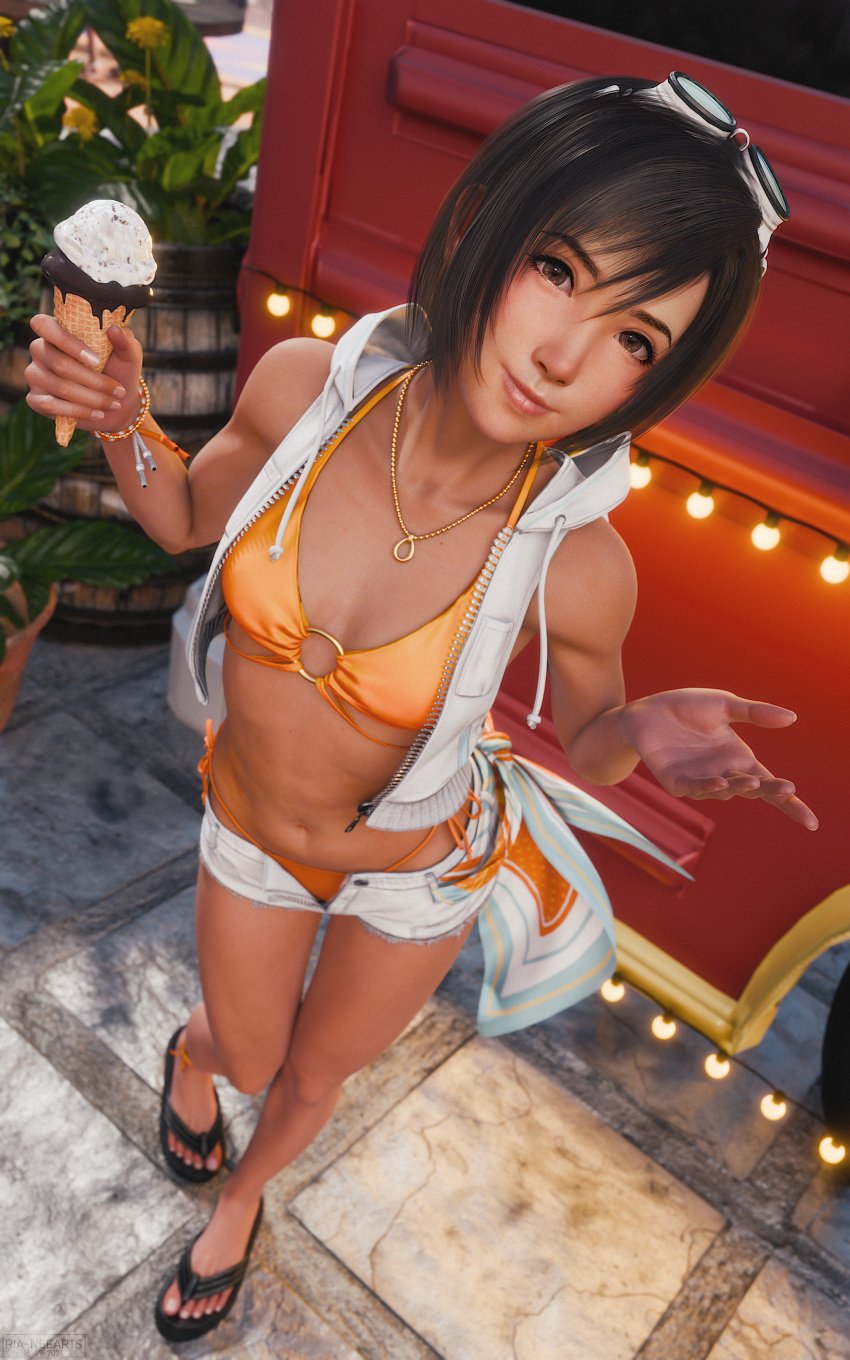 1girls 3d bikini black_hair blender blender_(software) bracelet brown_eyes female female_only final_fantasy final_fantasy_vii final_fantasy_vii_ever_crisis final_fantasy_vii_rebirth final_fantasy_vii_remake flowers hairband highres ice_cream ice_cream_cone looking_at_viewer navel necklace orange_bikini outdoors ria-neearts short_hair short_shorts side-tie_bikini small_breasts smile solo_female standing summer swimsuit yuffie_kisaragi