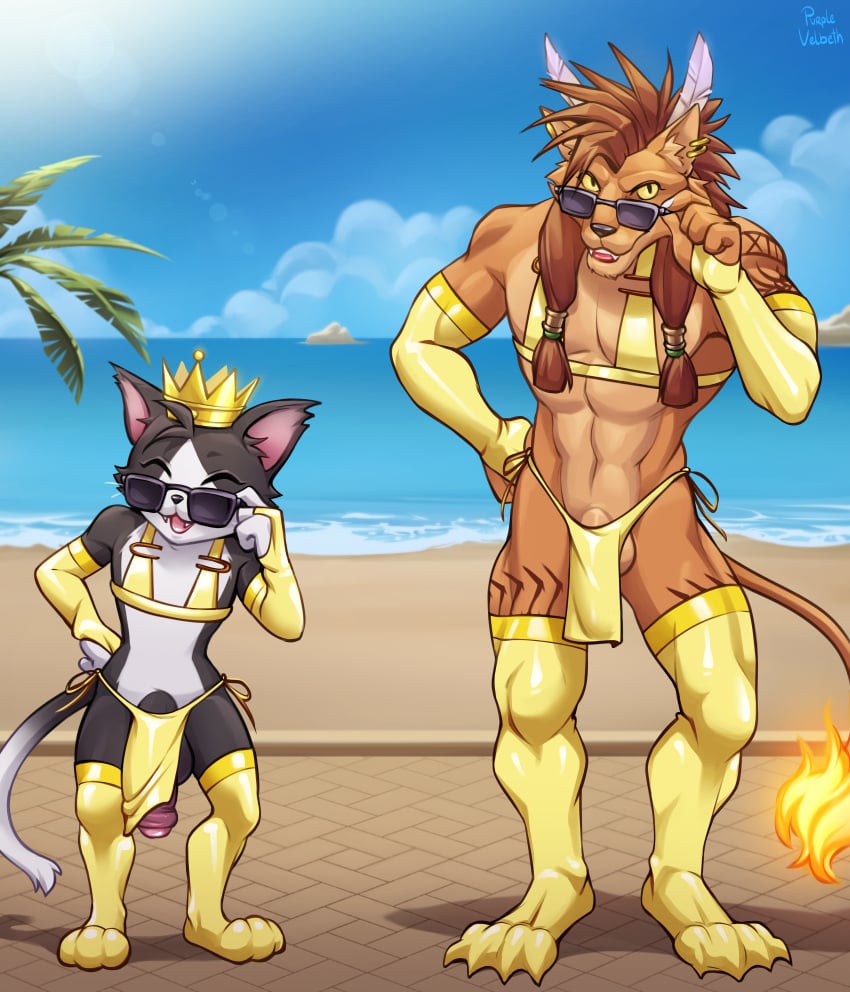 absurd_res anthro anthro_only balls beach bottomwear cait_sith_(ff) cait_sith_(ff7) cat-sith celtic_mythology clothing crossdressing crossdressing_male crown duo european_mythology eyewear felid final_fantasy final_fantasy_vii furry furry_male furry_only genitals headgear hi_res loincloth male male_focus male_only mammal mythology nanaki outside penis purplevelbeth red_xiii square_enix sunglasses