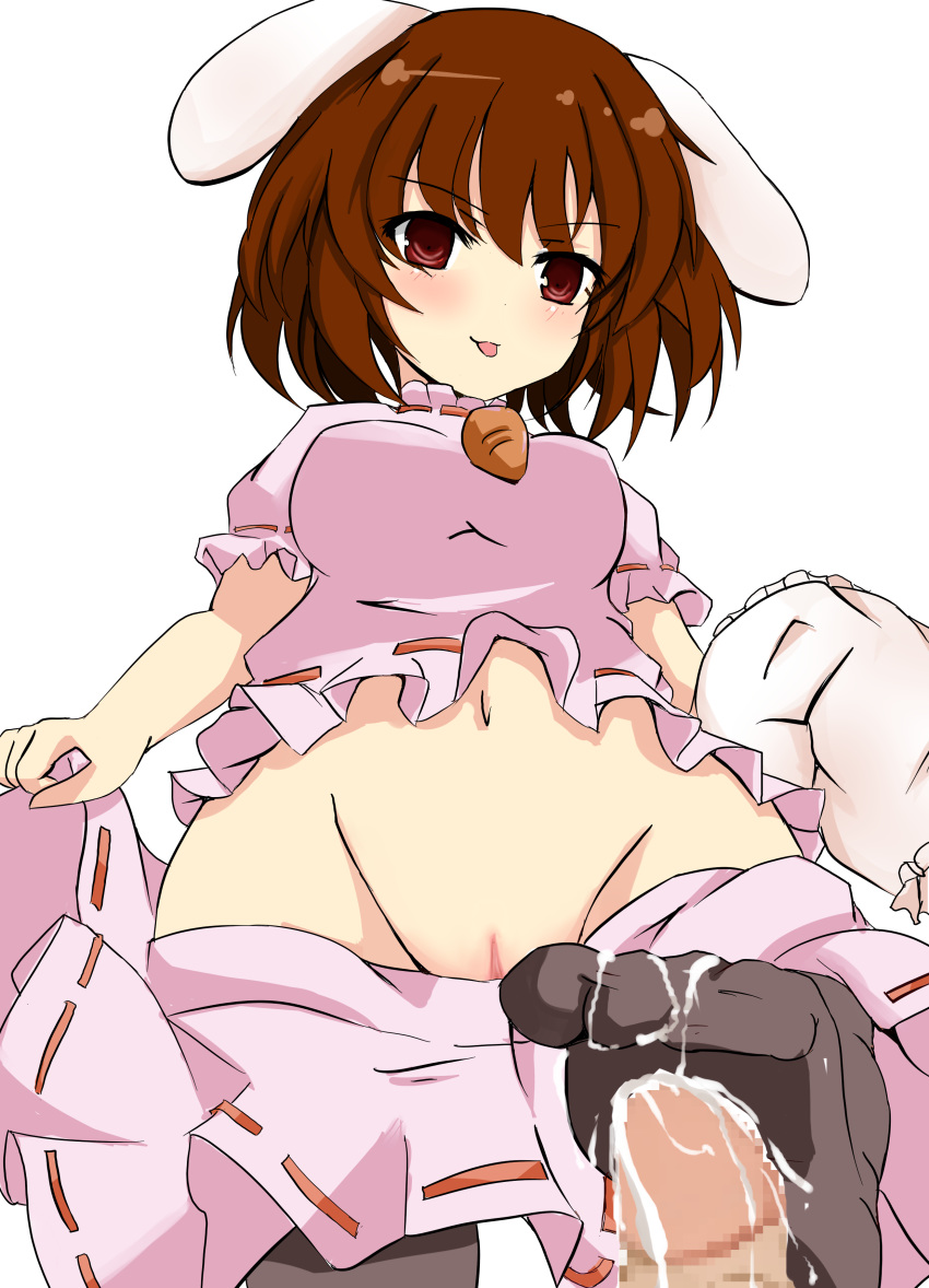 animal_ear bloomers bloomers_(victorian) bloomers_removed breasts brown_eyes brown_hair bunny_ear censored cum cum_on_body cum_on_clothes cum_on_lower_body feet footjob from_below fur high_resolution jewelry looking_down navel no_shoes penis pov pussy senbon_tsuki short_hair skirt skirt_pull tewi_inaba thighhighs toes tongue touhou undressing