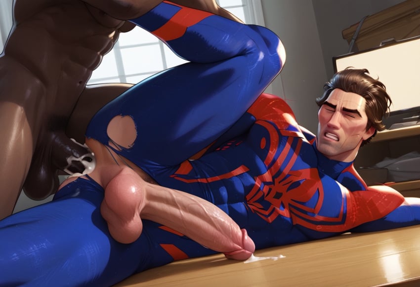 ai_generated anal_sex bara big_penis closed_eyes closing_eyes cum cum_in_ass cum_inside dark-skinned_male erect_while_penetrated erection gay interracial male_only marvel marvel_comics mexican mexican_irish miguel_o'hara muscular muscular_bottom muscular_male spider-man:_across_the_spider-verse spider-man_(series) spider-man_2099 superhero superherosuckerrr tan_skin