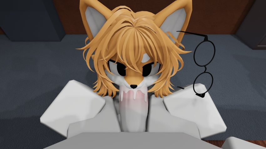 1boy 1boy1girl 1girls 3d anthro blowjob canine cum cum_in_mouth cum_on_penis daftcritter damīnu_(daftcritter) dummy_(roblox) furry glasses large_penis office oral orange_fur orange_hair penis pov roblox robloxian self self_upload shiba_inu tagme