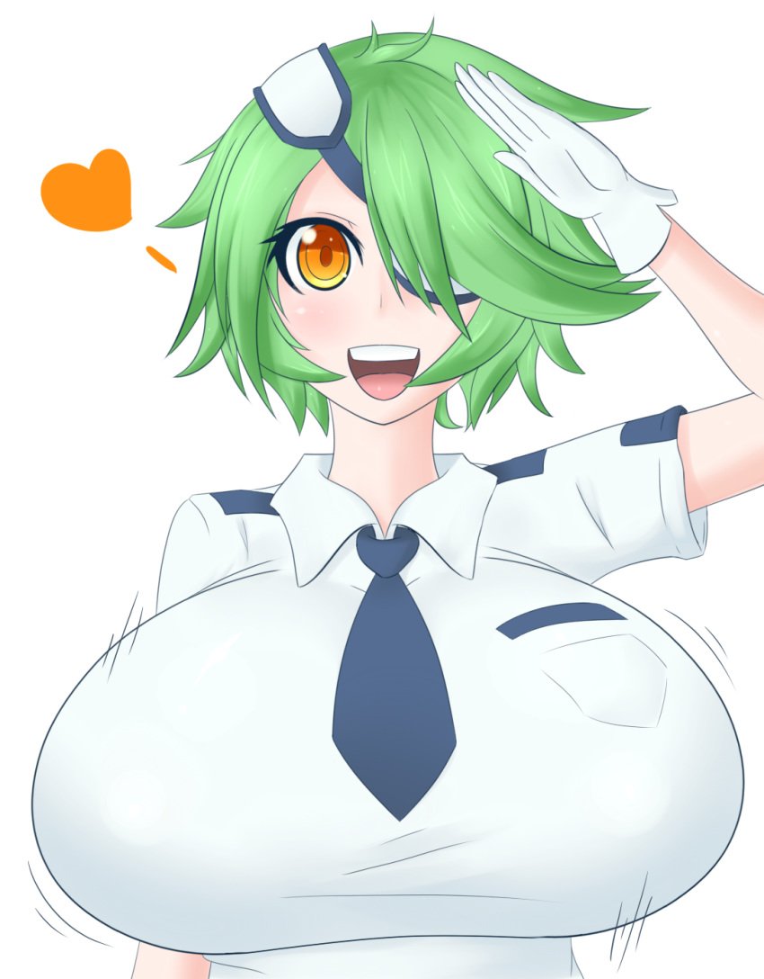 bouncing_breasts eye_patch female green_hair hair_over_one_eye highres huge_breasts jcdr kiruko_otonashi looking_at_viewer novice_policewoman_kiruko-san police_uniform salute short_hair simple_background smile solo uniform