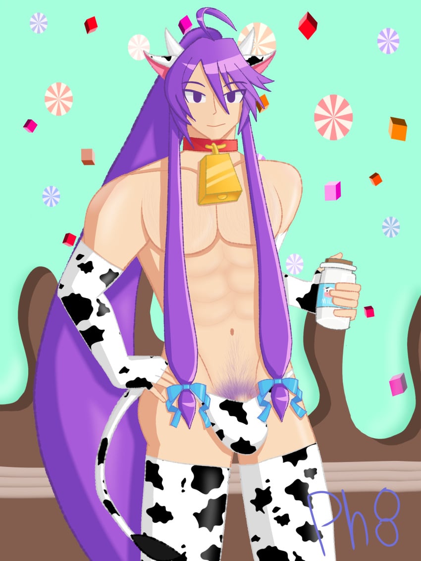 1boy animal_print bell cow_costume cow_ears gakupo_kamui purple_hair