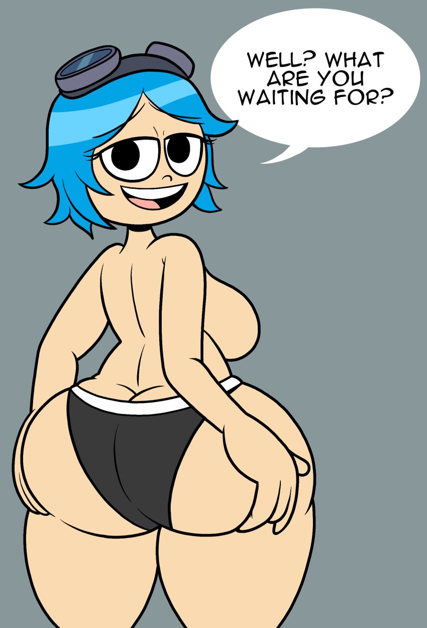 1girls ass_focus ass_grab badguynek big_ass black_eyes black_panties blue_hair female goggles goggles_on_head grabbing_own_ass looking_back panties ramona_flowers rear_view scott_pilgrim short_hair solo solo_female thick_thighs