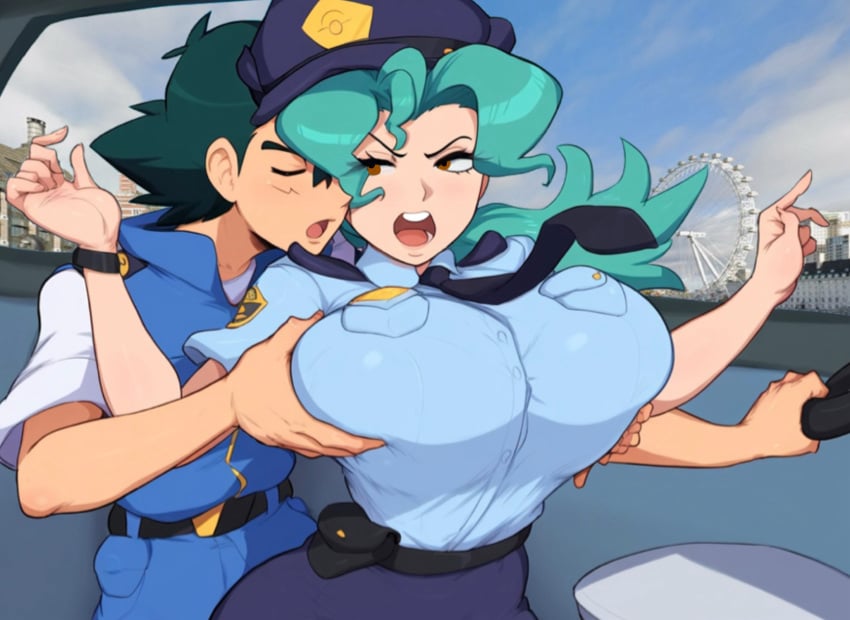 1boy 1girls ai_generated ai_hands angry brown_eyes closed_eyes female grabbing_breasts green_hair human london male nintendo officer_jenny_(pokemon) paulinebabe pokemon police_car police_hat police_uniform satoshi_(pokemon) tie