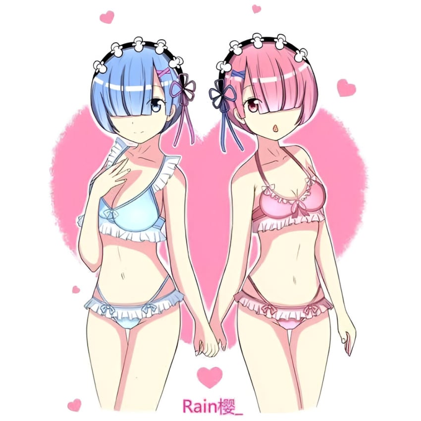 bikini blue_bikini blue_eyes blue_hair light_blue_bikini pink_bikini pink_eyes pink_hair ram_(re:zero) re:zero_kara_hajimeru_isekai_seikatsu rem_(re:zero)