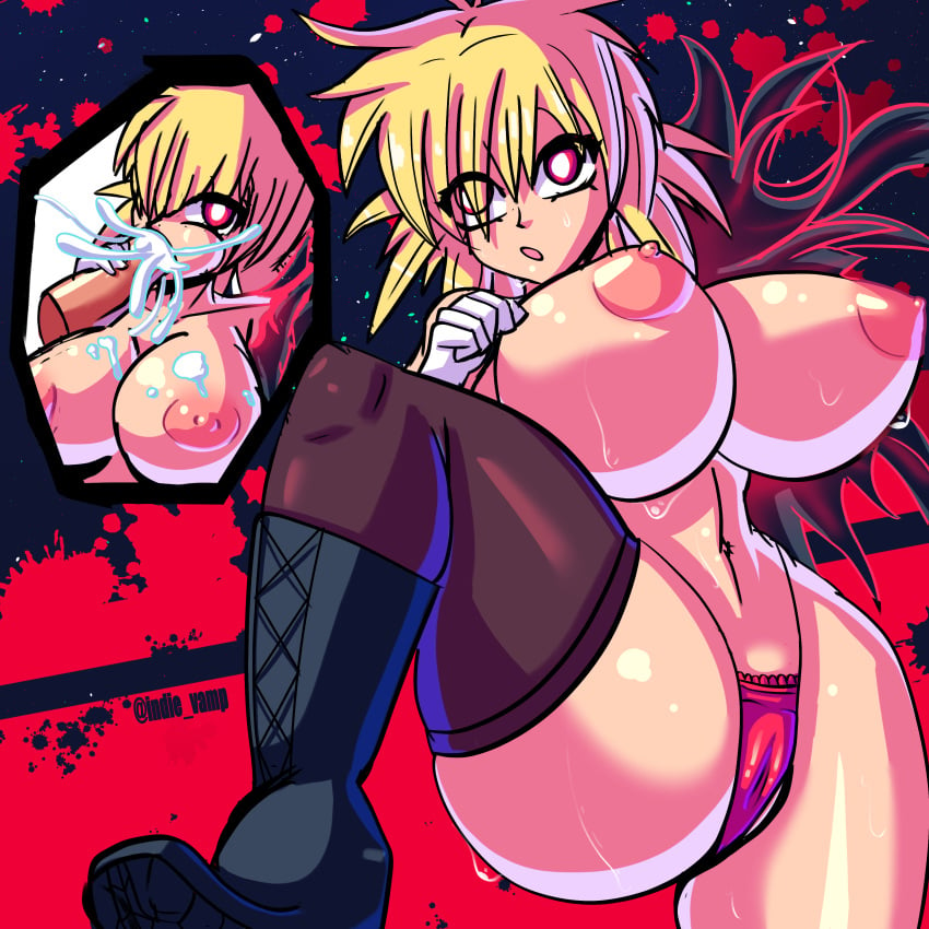 1girls big_breasts blonde_hair blowjob breasts cameltoe cum cum_in_mouth cum_on_breasts cumshot hellsing hellsing_ultimate indievamp panties red_eyes seras_victoria thighhighs thighs