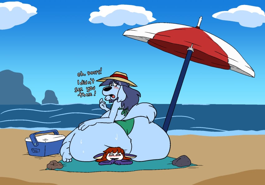 1girls accidental_buttcrush anthro ass beach beach_towel beach_umbrella bikini blue_fur blue_hair blush blush_lines butt_crush canine canine_humanoid cooler english_text fat fawxen female female_only furry hat hips hyper_ass large_ass lita_(fawxen) ocean overweight overweight_female red_hair rock sand sitting sitting_on_person sun_hat sunhat sweat sweatdrop sweating text thick_thighs thighs umbrella water wide_hips