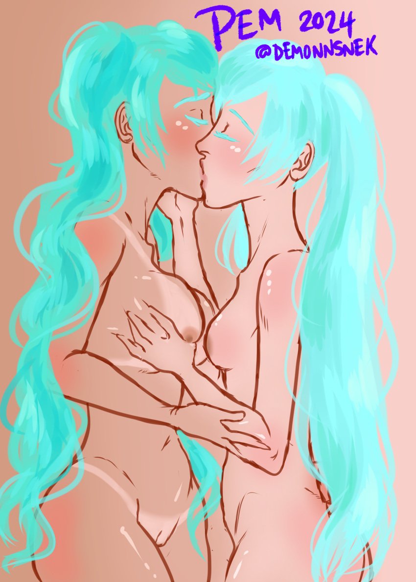 2024 2girls anime big_breasts big_hips blue_hair brazil brazilian brazilian_female brazilian_miku breast_grab breasts breasts_out brown_nipples clones demonnsnek digital_drawing_(artwork) digital_painting_(artwork) hatsune_miku hip_dips hips hourglass_figure kissing latin_american_hatsune_miku_(meme) lesbian_couple lesbian_kiss navel pale-skinned_female pale_skin selfcest shiny shiny_skin sketch small_breasts small_butt small_waist tan_body tan_skin tanline tanlines tanned tanned_female tanned_skin twintails vagina vocaloid wavy_hair yuri