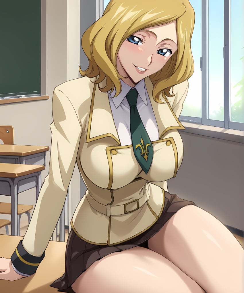 ai_generated big_ass big_breasts big_butt blonde_hair blue_eyes code_geass curvy curvy_body curvy_female curvy_figure female female_focus female_only large_breasts long_legs milly_ashford necktie retair18 school school_desk school_girl school_uniform schoolgirl short_skirt skirt smile thick_ass thick_legs thick_thighs tie wide_hips