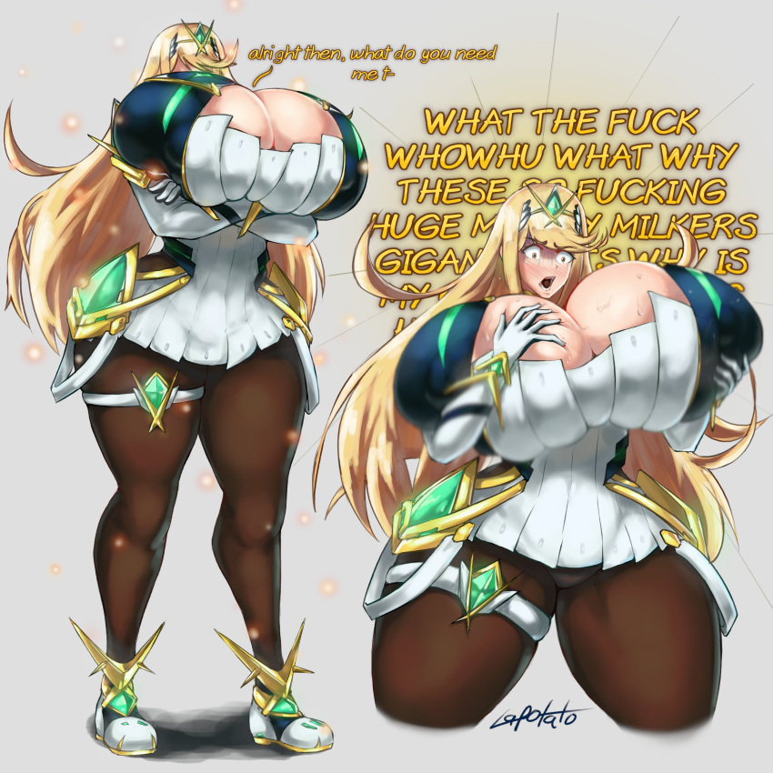 1female 1girls artist_name blush breast_expansion breasts_bigger_than_head female huge_breasts lapotato8 mythra mythra_(xenoblade) tagme thick_thighs twitter_link xenoblade_(series) xenoblade_chronicles_2