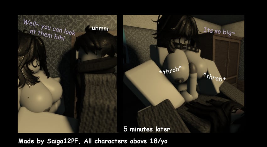 1boy 1girls 3d anon baggy_pants big_breasts black_hair blue_sweater boobjob breasts choker comic comic_page cyan_sweater english_text mila_(saiga12pf) paizuri penis roblox robloxian saiga12pf self_upload tagme text titfuck titjob tittyfuck warm_colors warm_lighting wolf_cut wolfcut