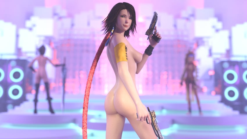 3d 3girls alexbridger ass blonde_hair brown_hair bubble_butt final_fantasy_x holding_weapon large_breasts looking_back naked nude nude_female paine rikku yuna