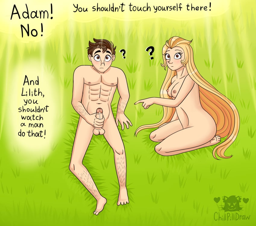 1boy 1girl adam_(hazbin_hotel) blonde_hair boy brown_hair dick garden_of_eden girl hazbin_hotel innocent lilith_morningstar_(hazbin_hotel) masturbation nude_female nude_male tagme_(artist)