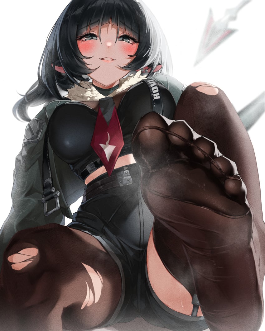 black_eyes black_hair blush feet female foot_fetish garter_straps highres jane_doe_(zenless_zone_zero) long_hair looking_at_viewer looking_down looking_down_at_viewer parted_lips see-through see-through_legwear short_shorts shorts soles solo solo_female steam sweat thighhighs toes torn_clothes torn_thighhighs zenless_zone_zero