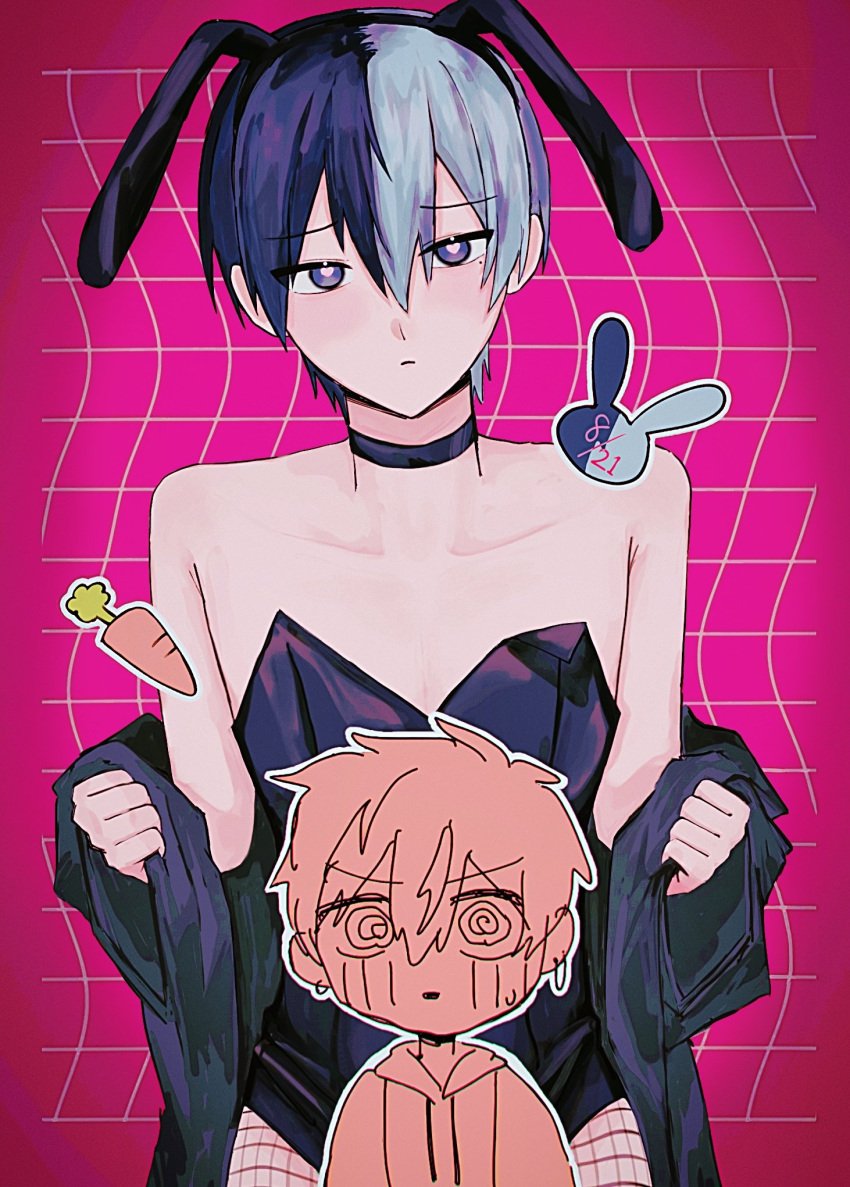 aoyagi_touya blush bunny_ears bunnysuit heart-shaped_pupils project_sekai shinonome_akito split-color_hair staring_at_viewer