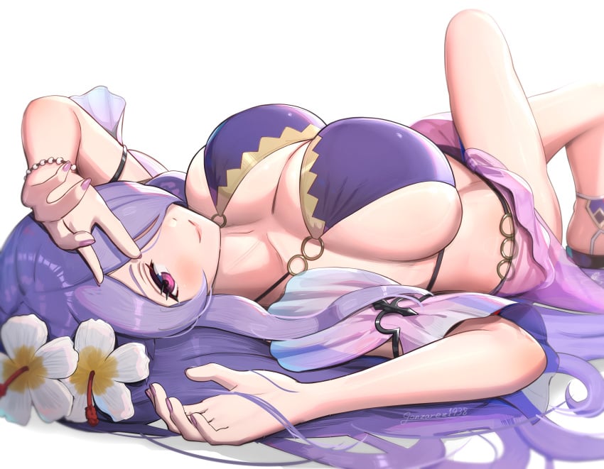 1girls alternate_costume bikini bracelet breasts camilla_(fire_emblem) camilla_(summer)_(fire_emblem) cleavage female female female_only fire_emblem fire_emblem_fates fire_emblem_heroes flower gonzarez hair_flower hair_ornament hair_over_one_eye highres huge_breasts jewelry looking_at_viewer nintendo official_alternate_costume pink_eyes purple_bikini purple_hair purple_swimsuit sarong sideboob skindentation smile swimsuit white_background