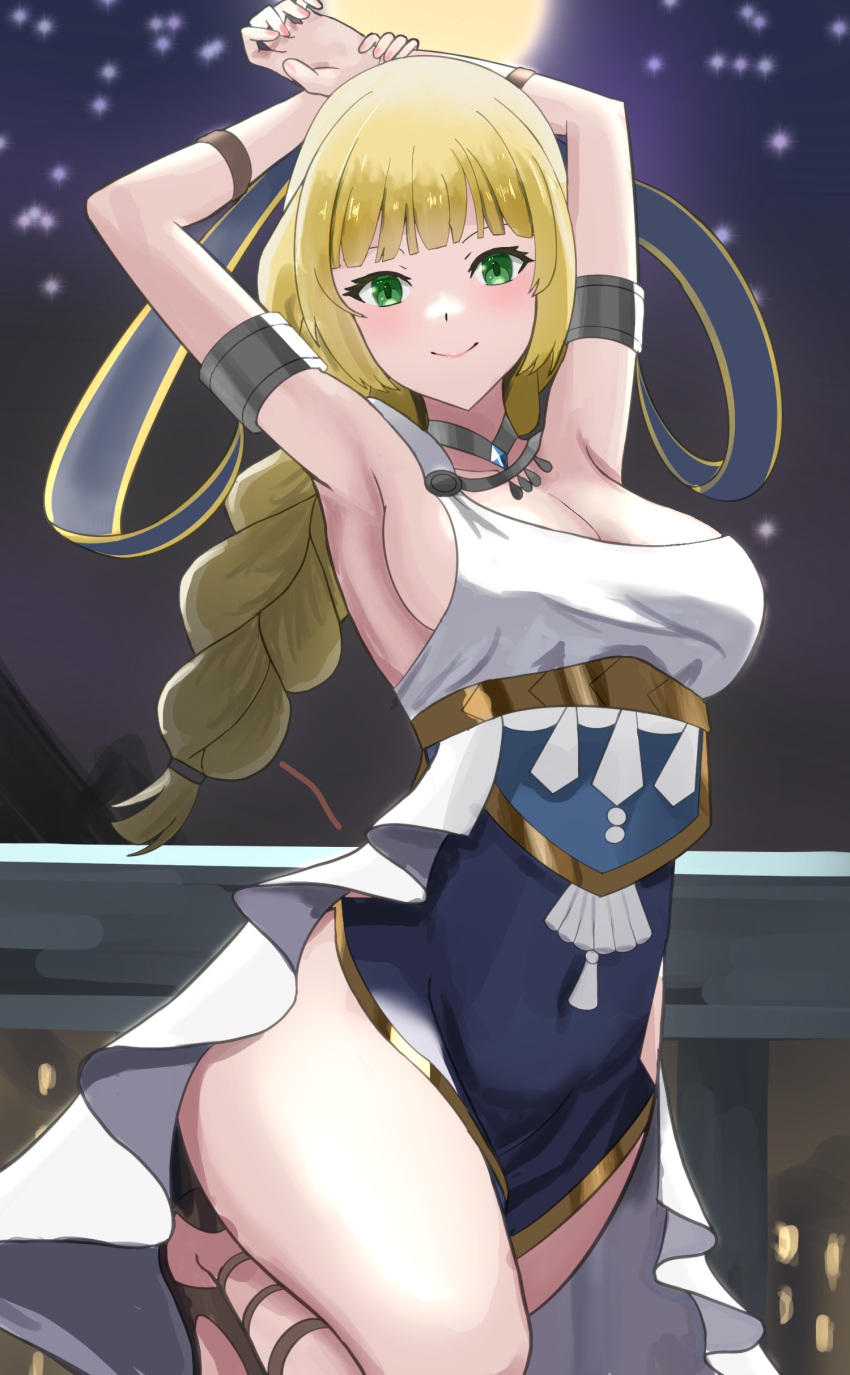 1girls absurdres alternate_costume armlet armpits arms_up bare_thighs blonde_hair bracelet braid braided_ponytail breasts cleavage dancer dancer_(fire_emblem:_three_houses) dancer_(three_houses) dancer_outfit dancing dress female female_only fire_emblem fire_emblem:_three_houses full_moon green_eyes highres ingrid_brandl_galatea jewelry looking_at_viewer medium_breasts moon night nintendo pelvic_curtain sideboob single-shoulder_dress smile solo tarutaru193 thighs yellow_hair