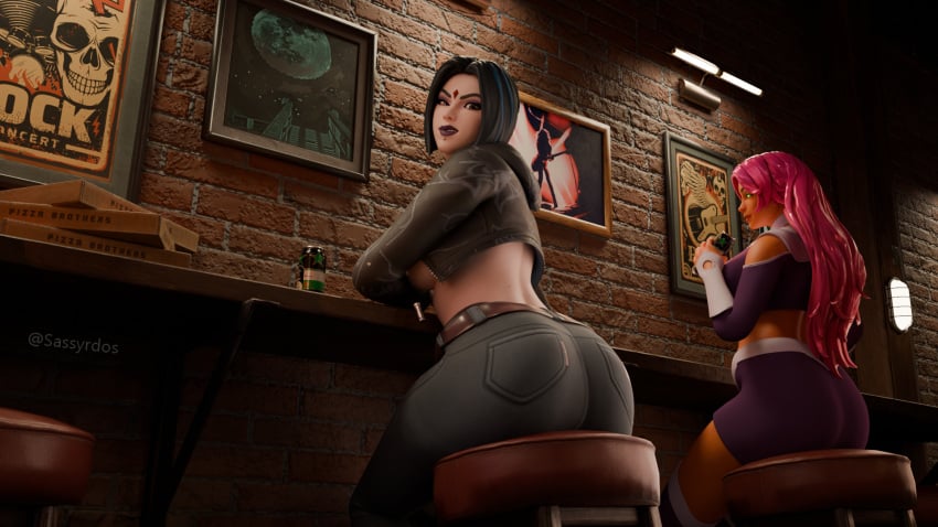 2girls 3d 3d_render ass ass_focus big_ass clothed clothing female female_only huge_ass multiple_girls raven_(dc) raven_(fortnite)_(dc) starfire starfire_(teen_titans) temple_of_sins yuri