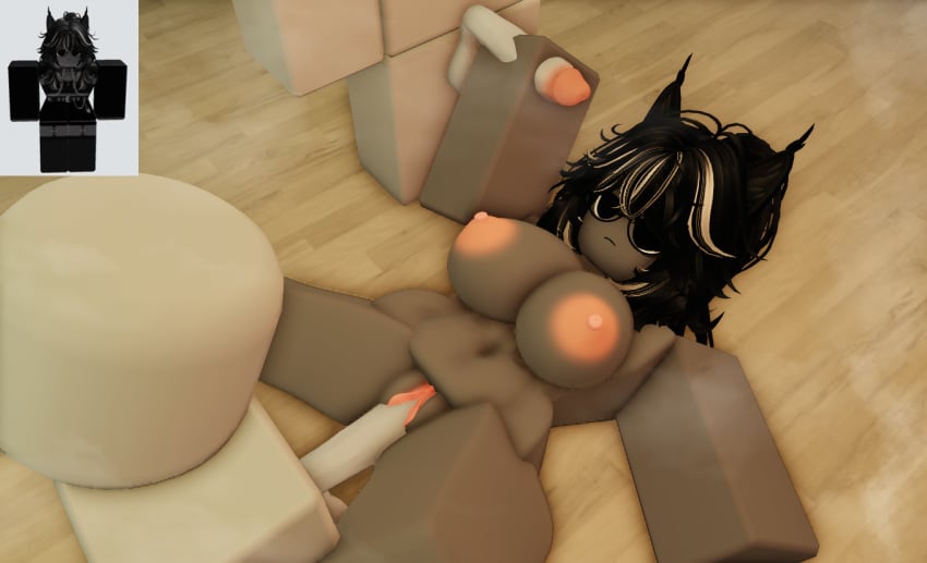 1girls 2boys 3d areolae big_breasts black_hair breasts dummy_(roblox) gangbang grey_body handjob jerkingoff_another legs_held_open legs_spread lynx ninjashyper2 nipples nude on_floor reference_image roblox roblox_avatar robloxian sauna sauna_sex self_upload steam tagme threesome vaginal_penetration