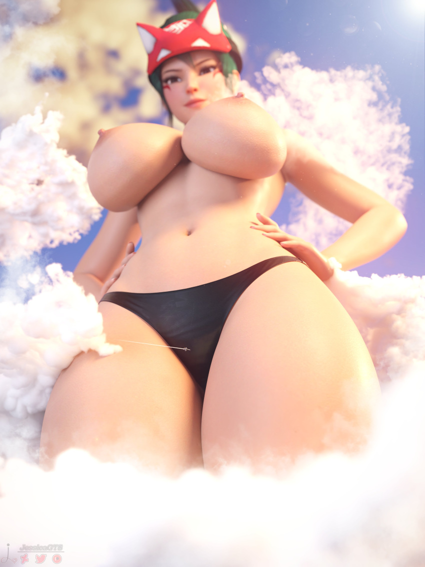 1girls 3d 3d_(artwork) airplane black_panties black_underwear blizzard_entertainment cloud clouds female female_focus female_only front_view giantess giga_giantess green_skin human human_female japanese japanese_female jessicagts kiriko_(overwatch) kiriko_kamori looking_down overwatch overwatch_2 panties plane sky solo solo_female solo_focus topless topless_female underwear