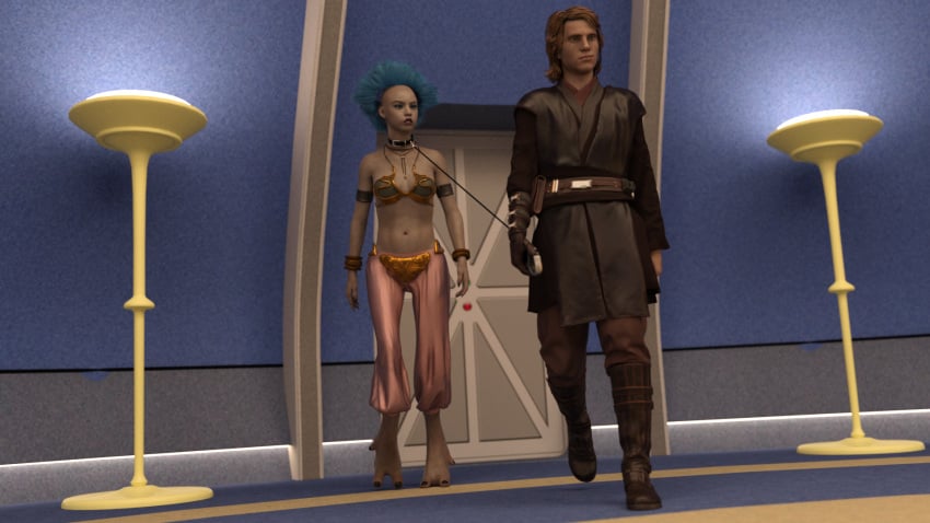 1boy1girl 1boys 1girls 3d alexbridger anakin_skywalker belly_dancer belly_dancer_outfit blue_hair bracelet brown_eyes brown_hair collar diva_shaliqua female harem_girl harem_outfit harem_pants jedi leash leash_and_collar slave slave_collar slave_outfit slavegirl star_wars theelin