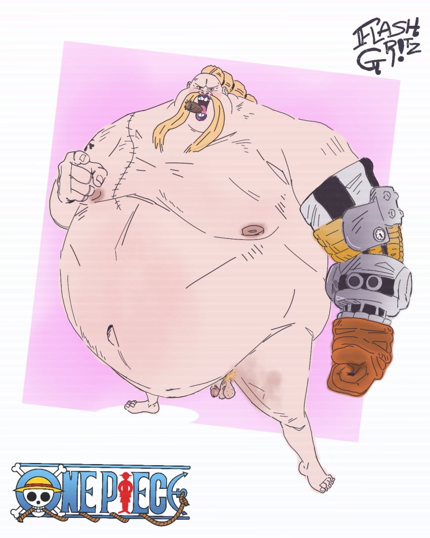 anime big_belly blonde_hair blonde_hair_male blonde_male blonde_mustache chubby cigar cigar_in_mouth cigarette cigarette_in_mouth cigarette_smoke fat_belly fat_man flashgritz full_body glasses long_mustache male male_focus male_only manboobs moobs moustache nipples nipples_outside obese obese_male one_piece one_piece_wano out_of_frame overweight overweight_male ponytail queen_(one_piece) queen_the_plague robotic_arm round_belly small_feet small_penis stitches tattoo time_skip tiny_penis