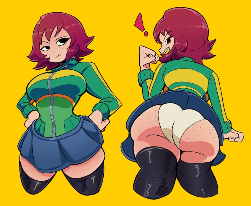 ! 1girls arm_up ass ass_focus bananawithas black_eyes black_legwear clothed female freckles freckles_on_ass freckles_on_face hands_on_hips kim_pine legwear looking_back panties pawg rear_view red_hair scott_pilgrim short_hair skirt_lift stockings thighhighs upskirt white_panties