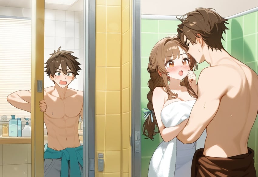 1girls 2boys :o ai_generated angry angry_eyebrows bathroom bathroom_tiles blossomtea blue_towel blush blush_lines braid brown_eyes brown_hair brown_hair_female brown_hair_male brown_towel cheating delete_this dot_nose eyebrows eyebrows_visible_through_hair incest looking_at_each_other navel no_teeth original original_characters self_upload shrunken_pupils topless topless_male towel towel_around_waist triplets weird wet wet_body wet_skin white_towel wide_eyed yodayo