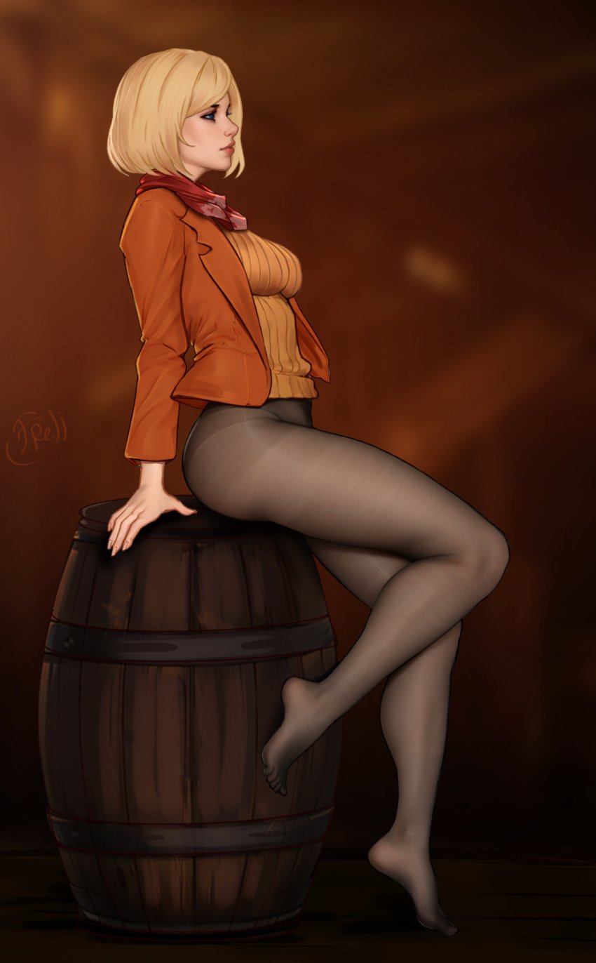 1girls 2023 ashley_graham ashley_graham_(ella_freya) ass barrel blonde_hair blue_eyes capcom clothed clothing female female_only freli hi_res no_pants pantyhose resident_evil resident_evil_4 resident_evil_4_remake side_view sitting sitting_on_barrel solo thick_thighs