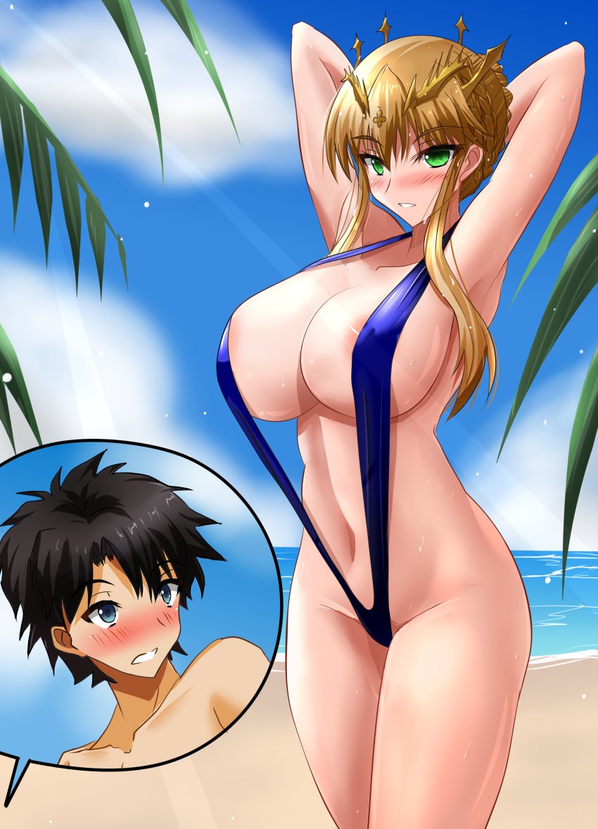 1boy artoria_pendragon artoria_pendragon_(lancer) fate/grand_order fate_(series) female fujimaru_ritsuka_(male) slingshot_swimsuit yuuk33