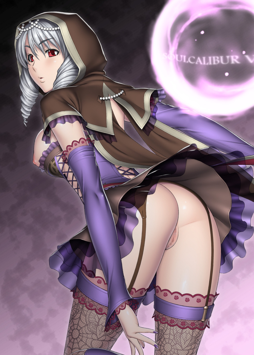 ass breasts capelet censored corset detached_sleeves drill_hair female fortune_teller from_behind garter_belt garter_straps high_resolution hood jewelry kansuke lace lace-trimmed_thighhighs large_breasts lips looking_back nail_polish nipples no_panties orb parted_lips print_legwear pussy red_eyes silver_hair skirt solo soul_calibur soul_calibur_v spider_web spider_web_print thighhighs title_drop twin_drills viola_(soul_calibur)