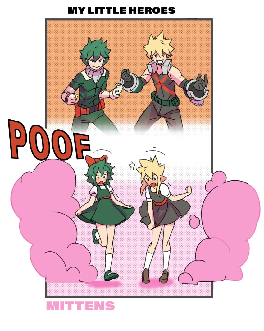 2boys 2girls ashamed bakugou_katsuki blonde_hair cute embarrassed female_bakugou female_deku genderbend genderswap_(mtf) gray_dress green_dress green_eyes green_hair green_shoes hero_outfit_(mha) izuku_midoriya light_skin medium_hair mittens_(artist) my_hero_academia red_bow red_eyes rule_63 short_hair small_ass small_breasts small_butt text white_shirt white_skin white_socks