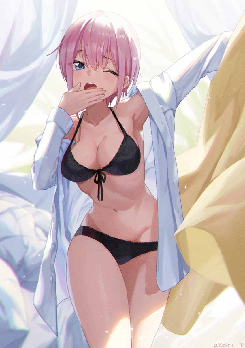 arm_up armpits bare_belly bare_legs bare_shoulders bare_thighs belly_button black_bra black_panties blue_eyes blush bra breasts cleavage collarbone covering_own_mouth go-toubun_no_hanayome hand_over_own_mouth hip_bones medium_breasts nakano_ichika one_eye_closed open_mouth open_shirt outstretched_arm panties pink_hair short_hair sooon standing thighs underwear underwear_only yawning