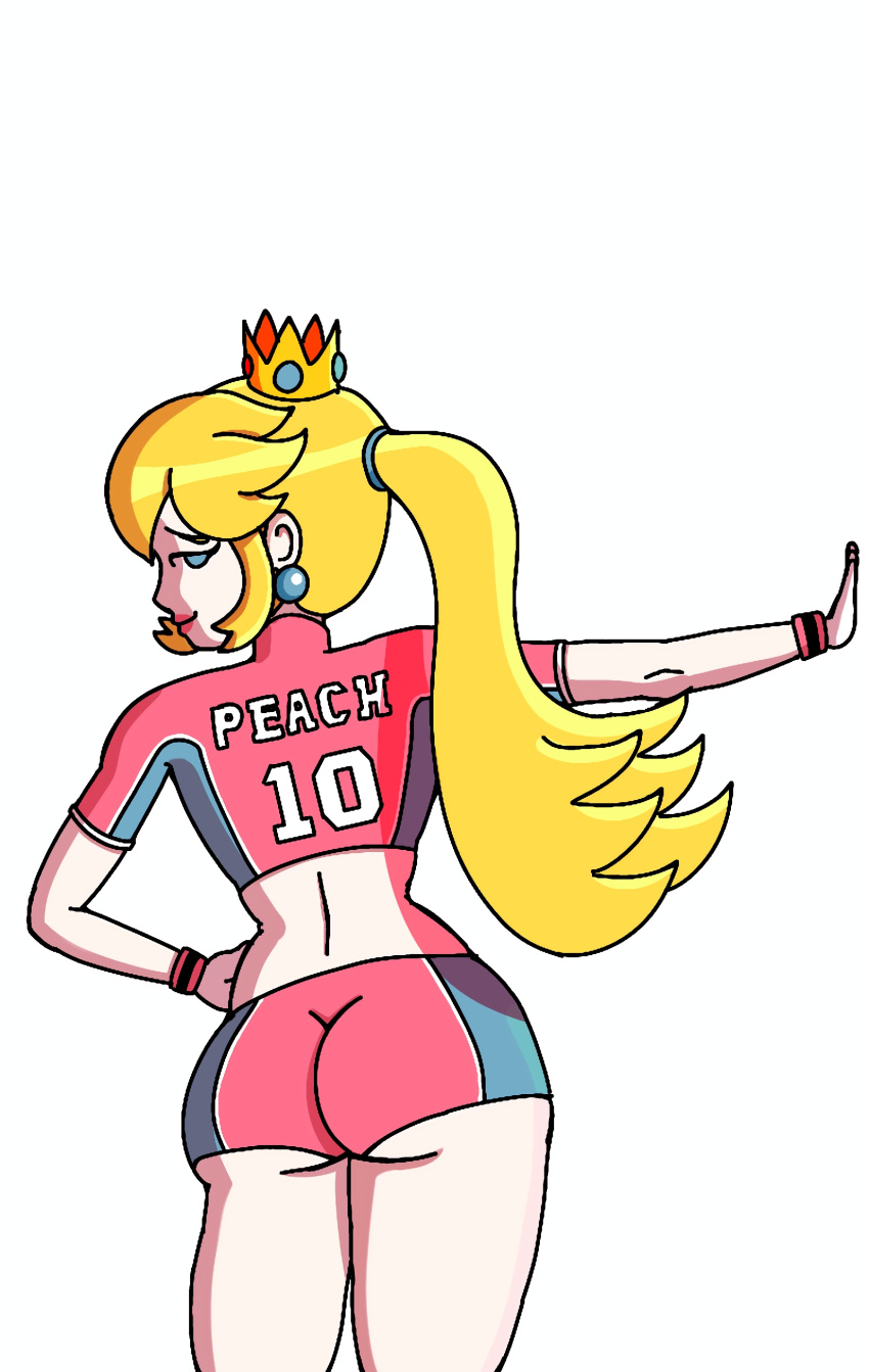 artist_request ass ass_focus behind_view big_ass big_butt big_thighs blonde_female blonde_hair blue_eyes female hair long_hair mario_(series) mario_strikers nintendo nintendo_switch pink_clothing pink_shorts princess princess_peach provocative sassy shorts side_view solo_female solo_focus sport_clothes sports sports_shorts sports_uniform sportswear super_mario_bros. thighs white_gloves white_skin