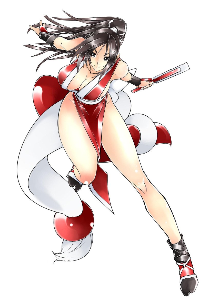 1girls ball belt bending_forward bent_forward big_breasts big_breasts brown_eyes brown_hair cleavage fan female gloves hanging_breasts human japanese japanese_clothes king_of_fighters light-skinned_female light_skin long_hair mai_shiranui shoes tail tied_hair voluptuous voluptuous_female wide_hips