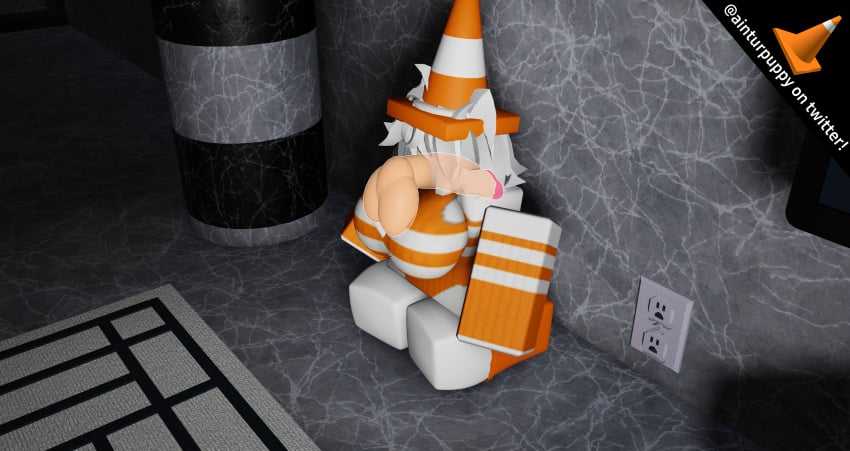 1girls 3d big_breasts big_penis breasts catgirl cone disembodied_penis johndoega on_knees orange_clothing roblox robloxian source_request tagme xray_view