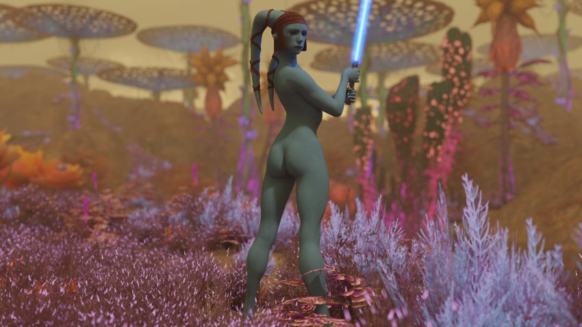 1girls aayla_secura alexbridger ass blue_skin brown_eyes bubble_butt felucia headwear jedi lightsaber looking_at_viewer looking_back naked nude nude_female star_wars twi'lek