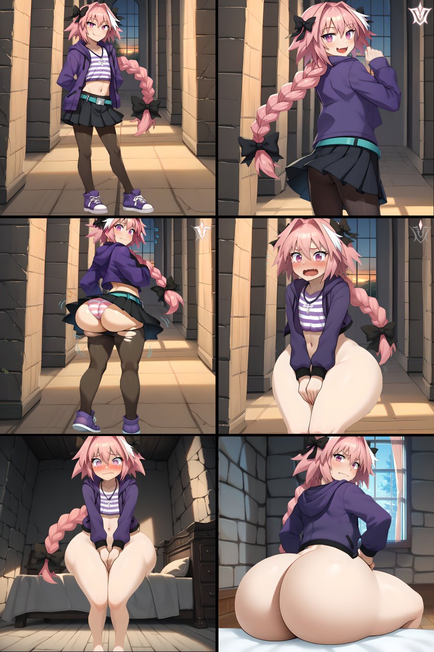 ai_assisted ai_generated ass_expansion ass_exposed astolfo_(fate) big_ass big_butt blush bottom_heavy bottomless butt_expansion comic crossdressing curvy curvy_figure embarassed embarrassed enormous_ass fate/grand_order fate_(series) femboy feminine_male girly growth huge_ass male male_only nanisore777 otoko_no_ko outgrowing_clothes panties presenting_ass ripped_pantyhose sequence skirt small_ass smug teapot_(body_type) thick_thighs trap undressed wide_hips