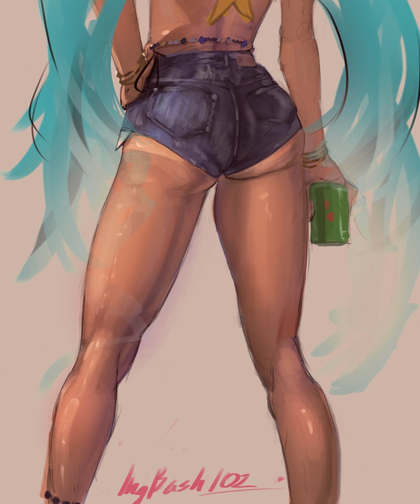 ass ass_focus blue_hair brazil brazilian brazilian_female brazilian_miku guarana hatsune_miku holding_can holding_object inbash latin_american_hatsune_miku_(meme) long_hair shorts soda_can tagme tan_body tan_lines twintails vocaloid