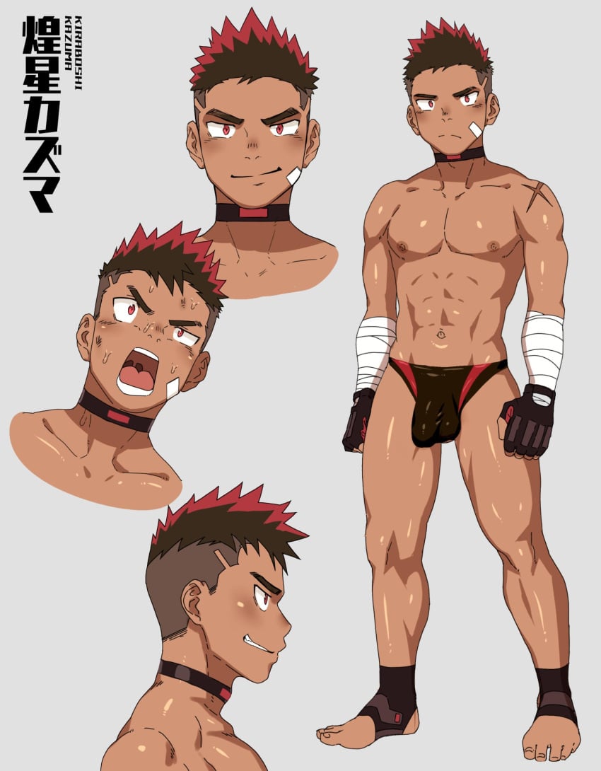 1boy abs bandaid bandaid_on_face black_hair boxer brawler bulge bulge_through_clothing cocky dirty fighter fingerless_gloves gloves kiraboshi_kazuma_(shiba_yuuji) male male_only muscular muscular_chest muscular_male muscular_thighs naughty_face nipples pecs penis penis_bulge penis_outline red_hair shiba_yuuji smile smiling_at_viewer smirk smirking_at_viewer smug solo solo_male toothy_grin topless two_tone_hair underwear