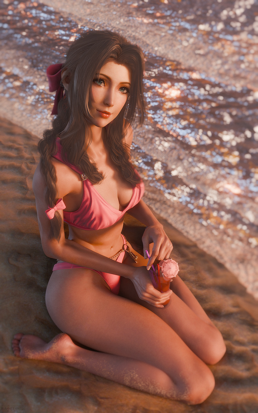 1girls 3d aerith_gainsborough aerith_gainsborough_(pink_mermaid) beach blender_(software) braid braided_ponytail brown_hair cocktail drink drinking_straw female female_focus female_only final_fantasy final_fantasy_vii final_fantasy_vii_rebirth final_fantasy_vii_remake full_body green_eyes hairbow highres legs light_smile long_hair looking_at_viewer medium_breasts pink_bikini ria-neearts sand sitting sunset wariza water