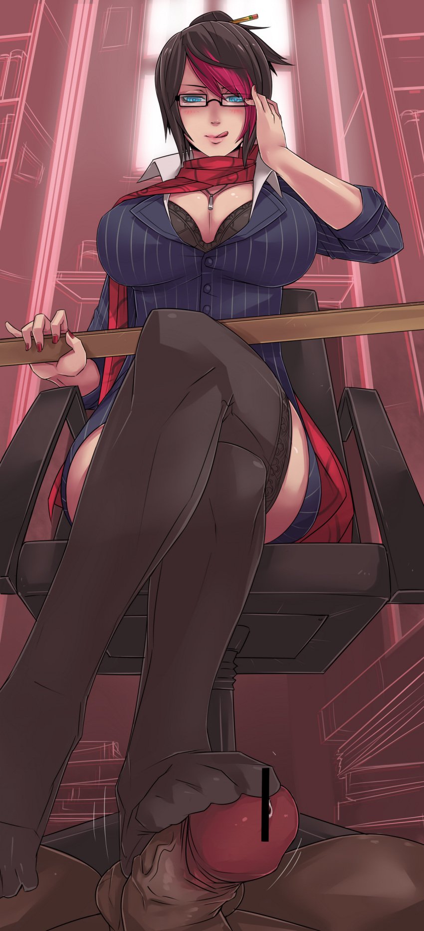 academy_series black_bra black_hair black_legwear blue_eyes bra breasts censored chair cleavage dark-skinned_male exaxuxer feet female femdom fiora_laurent footjob footjob_with_legwear glasses headmistress_fiora high_resolution interracial jewelry kuma-x kuma_x large_breasts league_of_legends legs_crossed lips looking_down multicolored_hair nail_polish necklace pencil penis pink_hair pinky_out pinstripe_jacket pinstripe_pattern pinstripe_skirt pinstripe_suit pointless_censoring precum ruler scarf short_hair sitting solo teacher thighhighs tongue two_tone_hair underwear