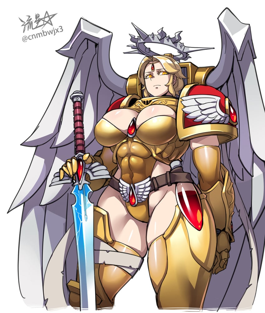 1girls 2024 adeptus_astartes angel_wings armor armored armored_female armored_gloves artist_logo artist_name artist_signature blonde_female blonde_hair blonde_hair_female blood_angels breastplate breasts cleavage cleavage_cutout cleavage_window closed_mouth cnmbwjx covered_nipples feathered_wings female_space_marine forehead_jewel gauntlets gem genderswap_(mtf) glowing_eyes gold_(metal) gold_eyes halo high_resolution highres holding_object holding_sword holding_weapon huge_breasts imperium_of_man jewelry large_breasts looking_at_viewer looking_down open_eyes pauldrons post-human power_armor purity_seal rule_63 ryuusei_(mark_ii) sanguinor short_hair short_hair_female simple_background solo solo_female solo_focus space_marine sword thick_thighs thigh_highs thigh_squish thigh_strap thighhighs thighs twitter_link twitter_logo twitter_username vambraces warhammer_(franchise) warhammer_40k white_background white_wings wings